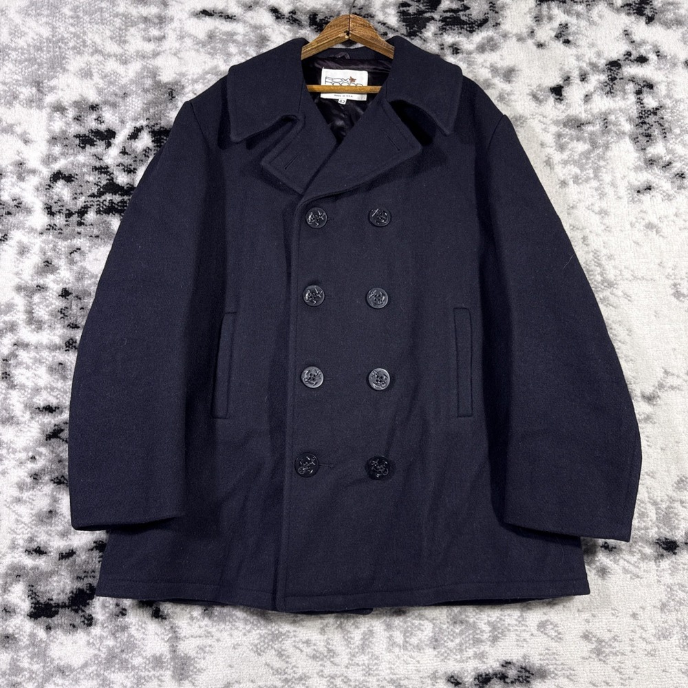 Fox Knapp Pea Coat Mens Size 42‎ Black Naval Buttons Officer City Wool Old Money